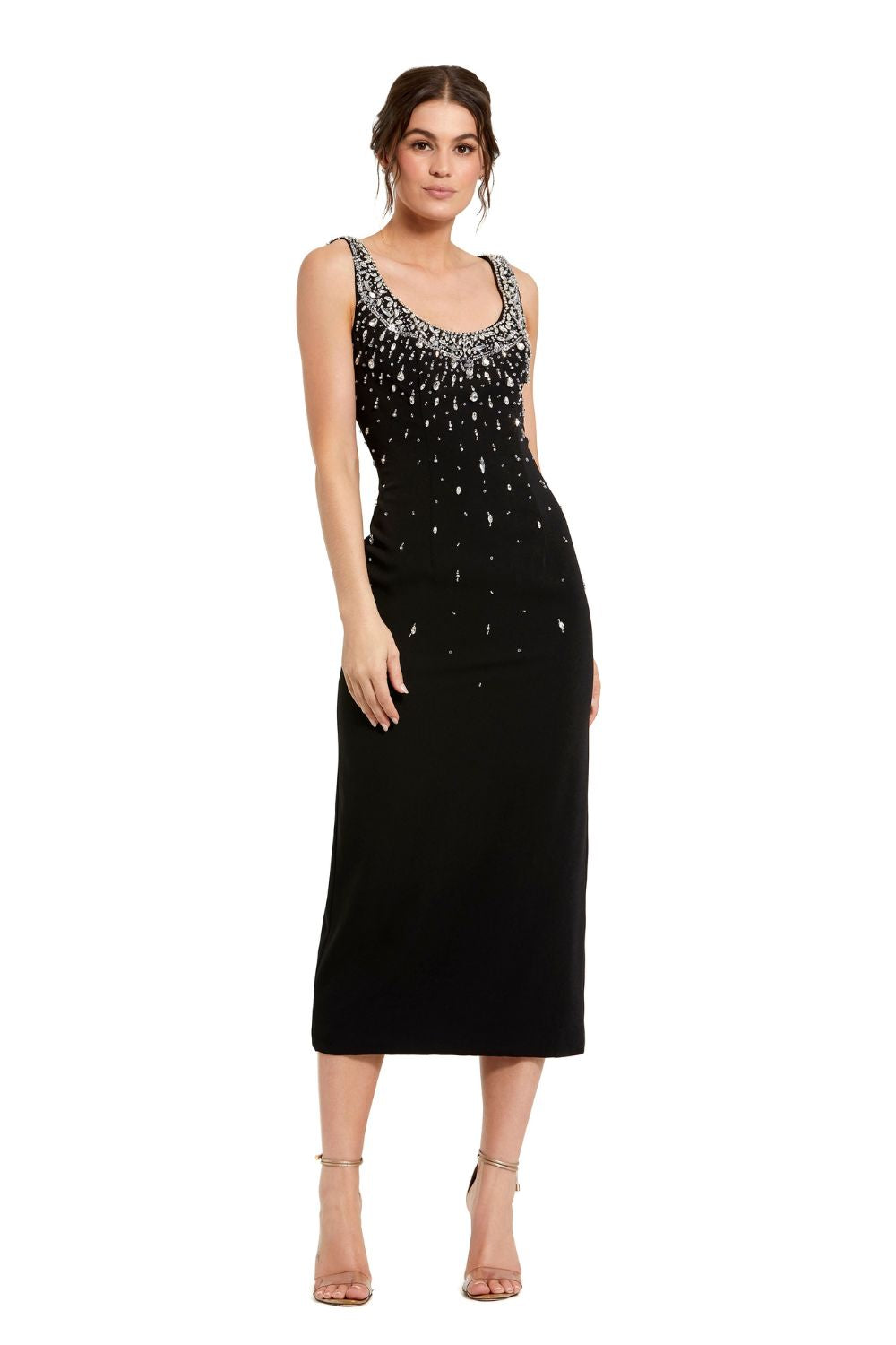 2259-Black Beaded Crepe Scoop Neck Sleeveless Midi Dress
