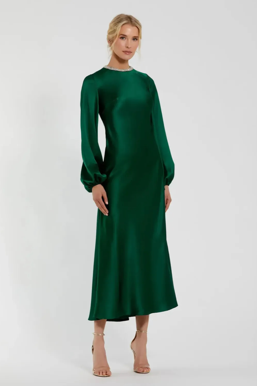 Green High Neck Long Sleeve Crystal Detail Dress