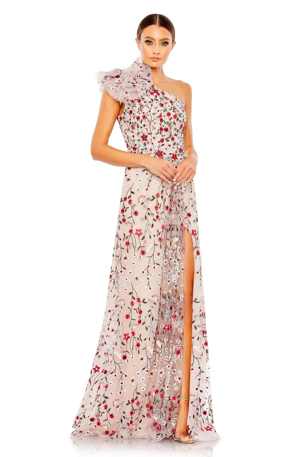 20331-Embellished Ruffled One Shoulder A Line Gown