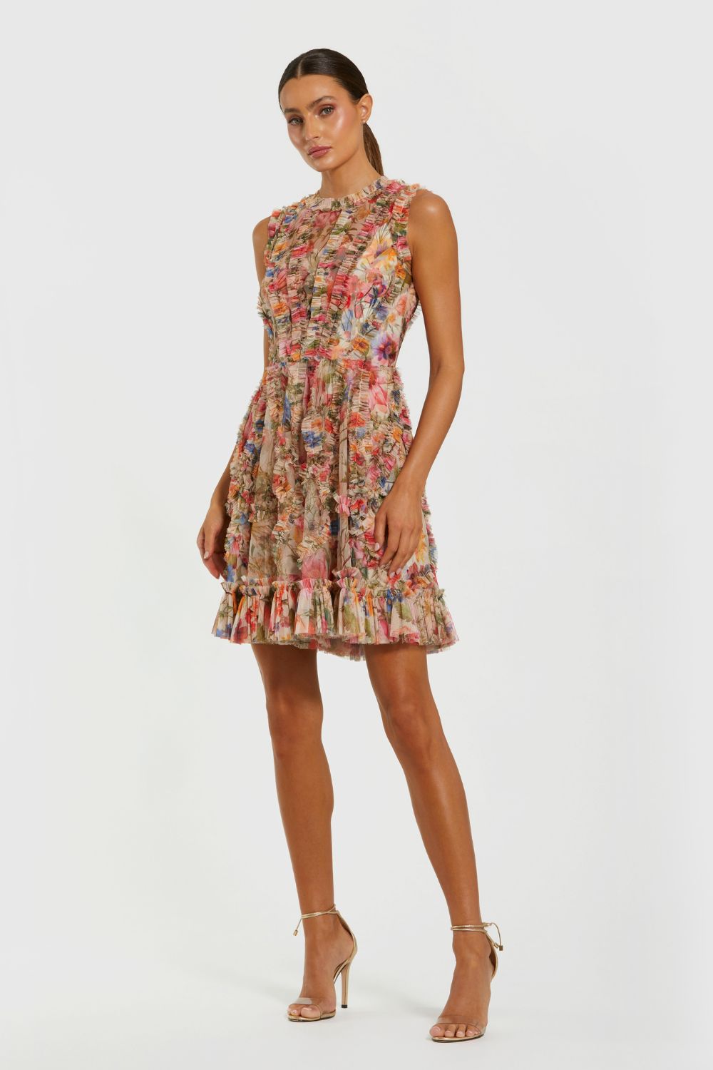 8307-Mesh Micro Ruffle High Neck Mini Dress