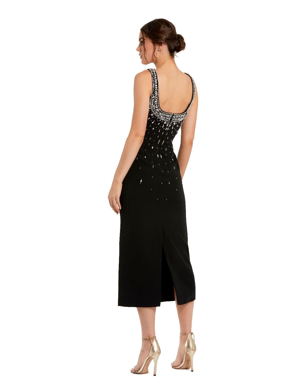 2259-Black Beaded Crepe Scoop Neck Sleeveless Midi Dress