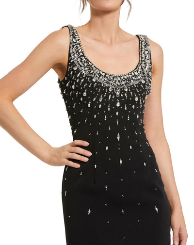2259-Black Beaded Crepe Scoop Neck Sleeveless Midi Dress