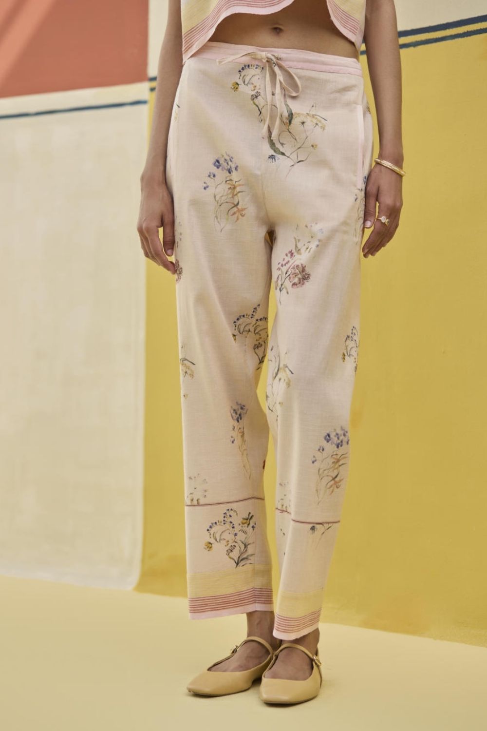 Ema Watercolour Floral Linen Pant - Sand