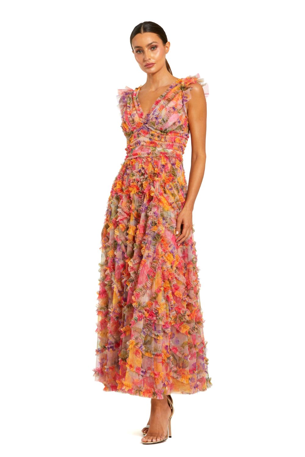 8303-Floral Mesh Ruffle V Neck Ankle Dress