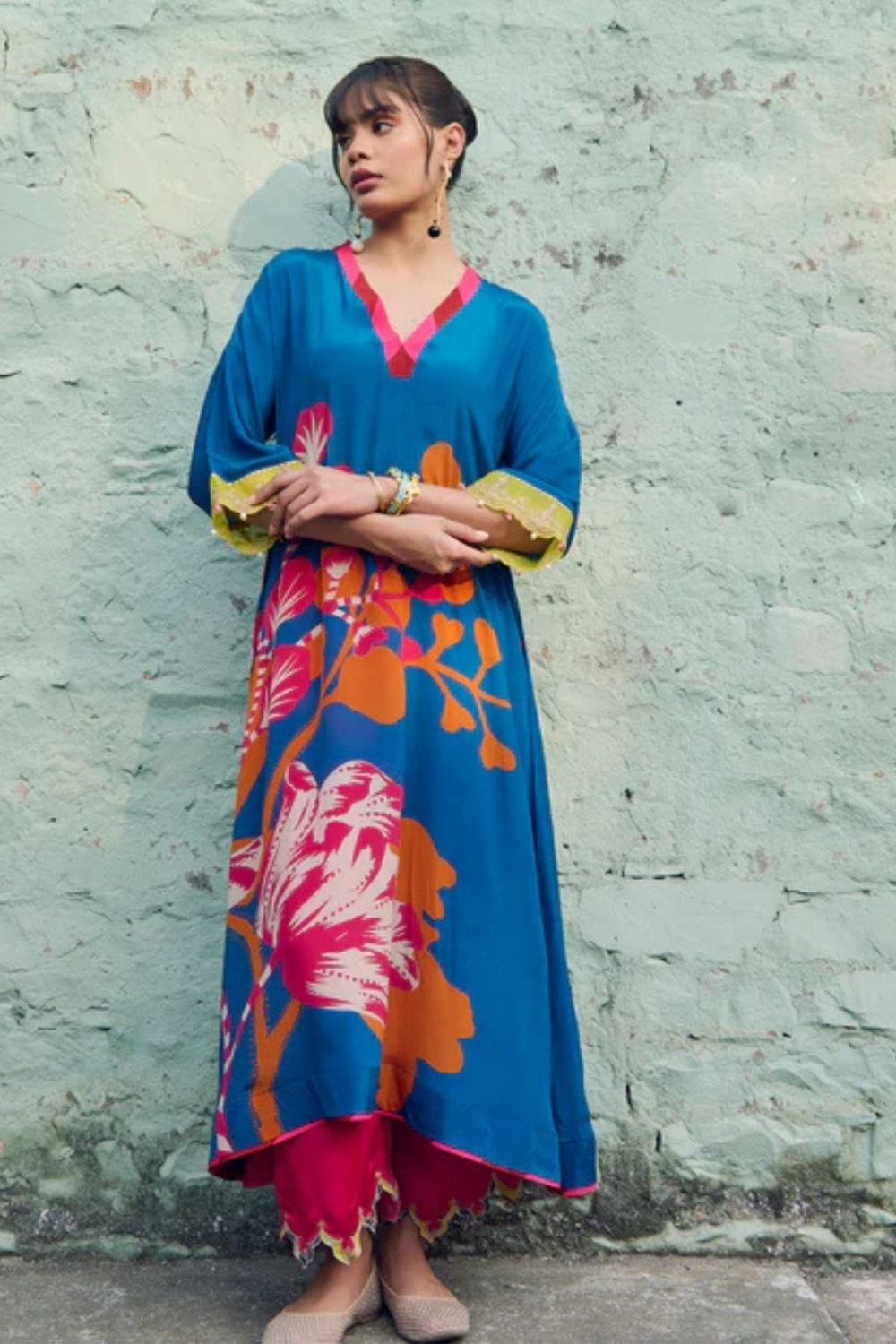 Safar Teal Blue Flower Printed Kaftan Kurta Set
