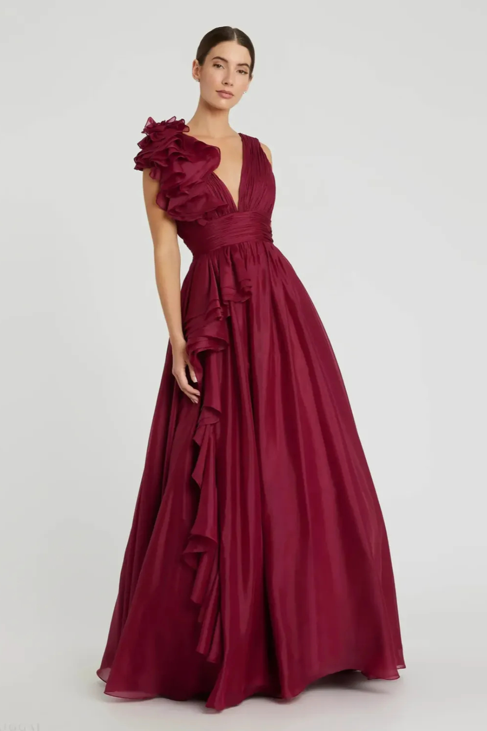 Burgundy Ruffle Shoulder V-Neck Chiffon Gown