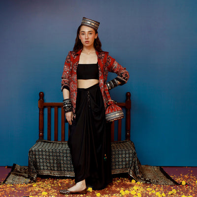 Baithak Red Ajrak Jacket Set