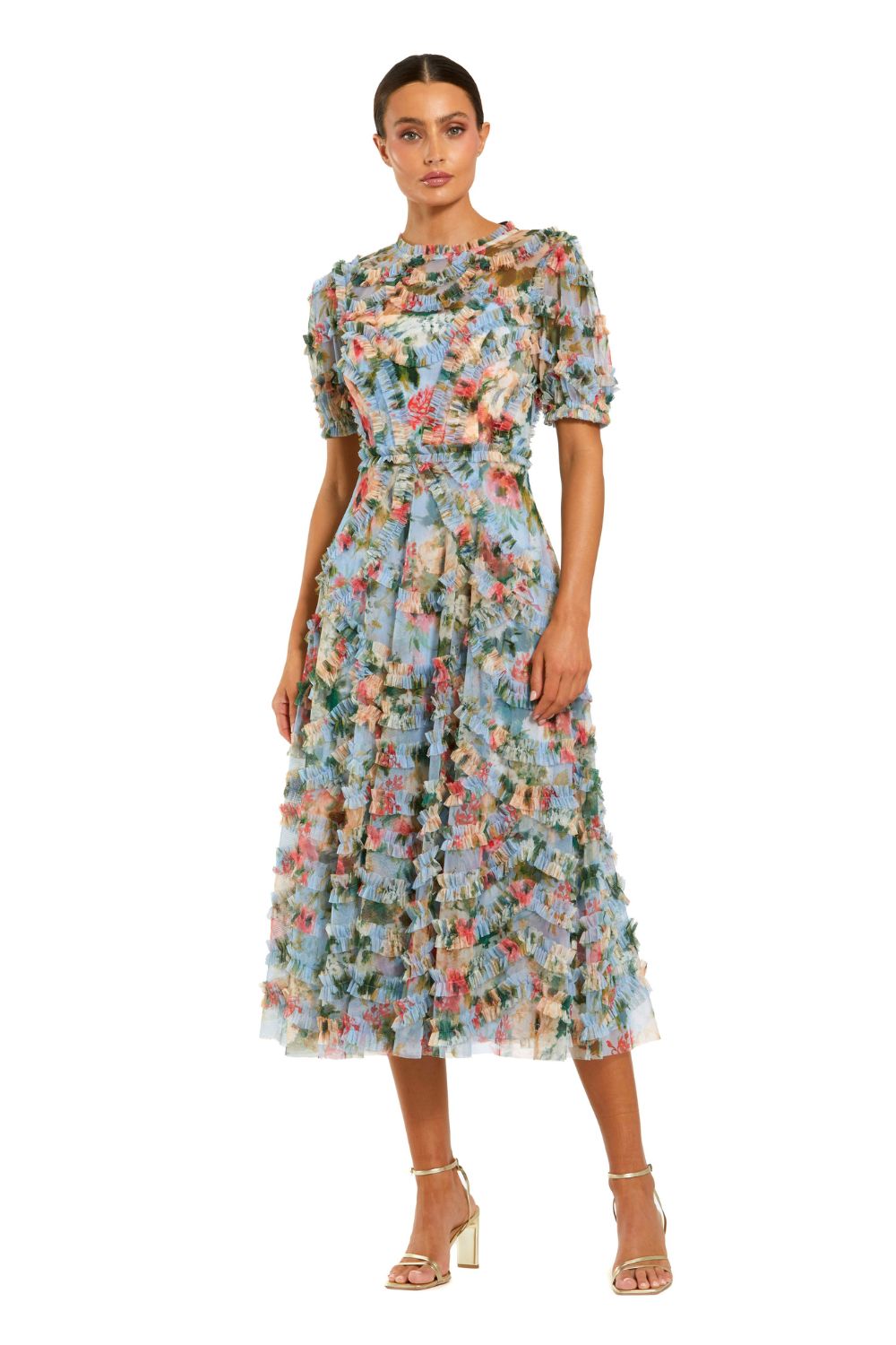 8302-Floral Mesh Ruffle High Neck Midi Dress