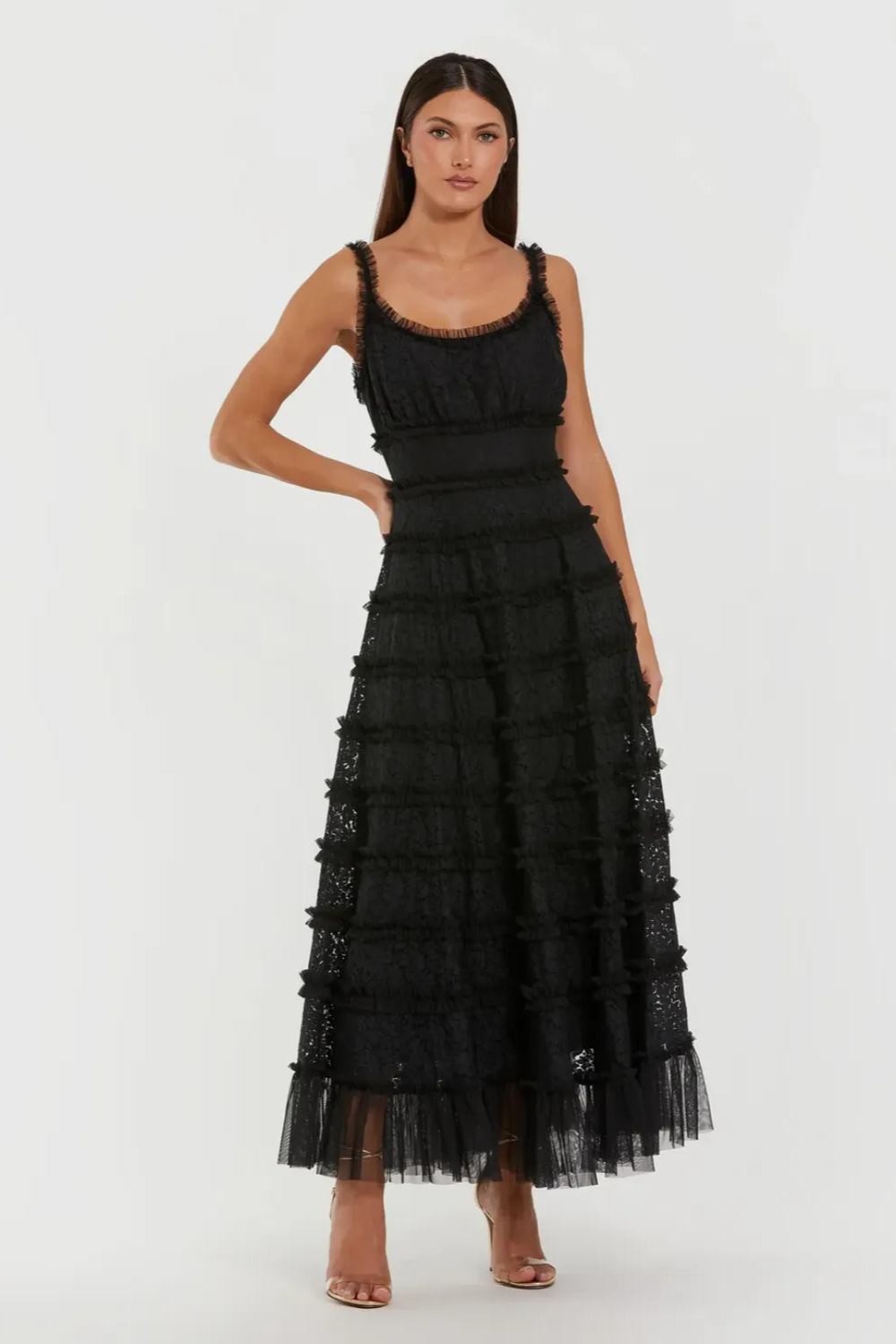 Black Sleeveless Lace A Line Midi Dress With Ruffles