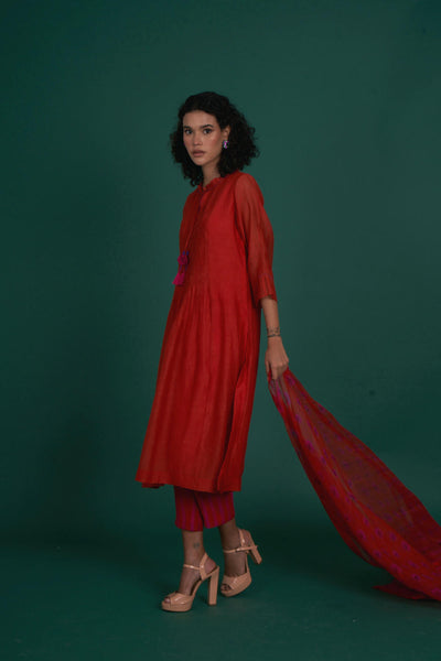 Orina mul cotton silk kurta set - red