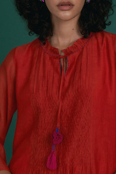 Orina mul cotton silk kurta set - red