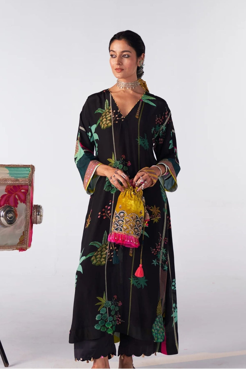 Sakhi Black Printed Kaftan Kurta Set