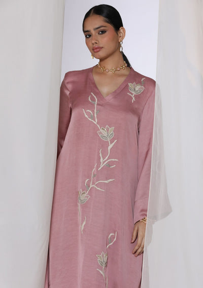 Linen satin kurta with floral handwork embroidery