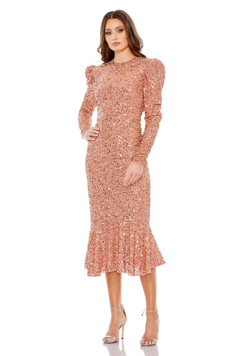10865-SEQUINED LONG SLEEVE HIGH NECK TRUMPET DRESS (COPPER)