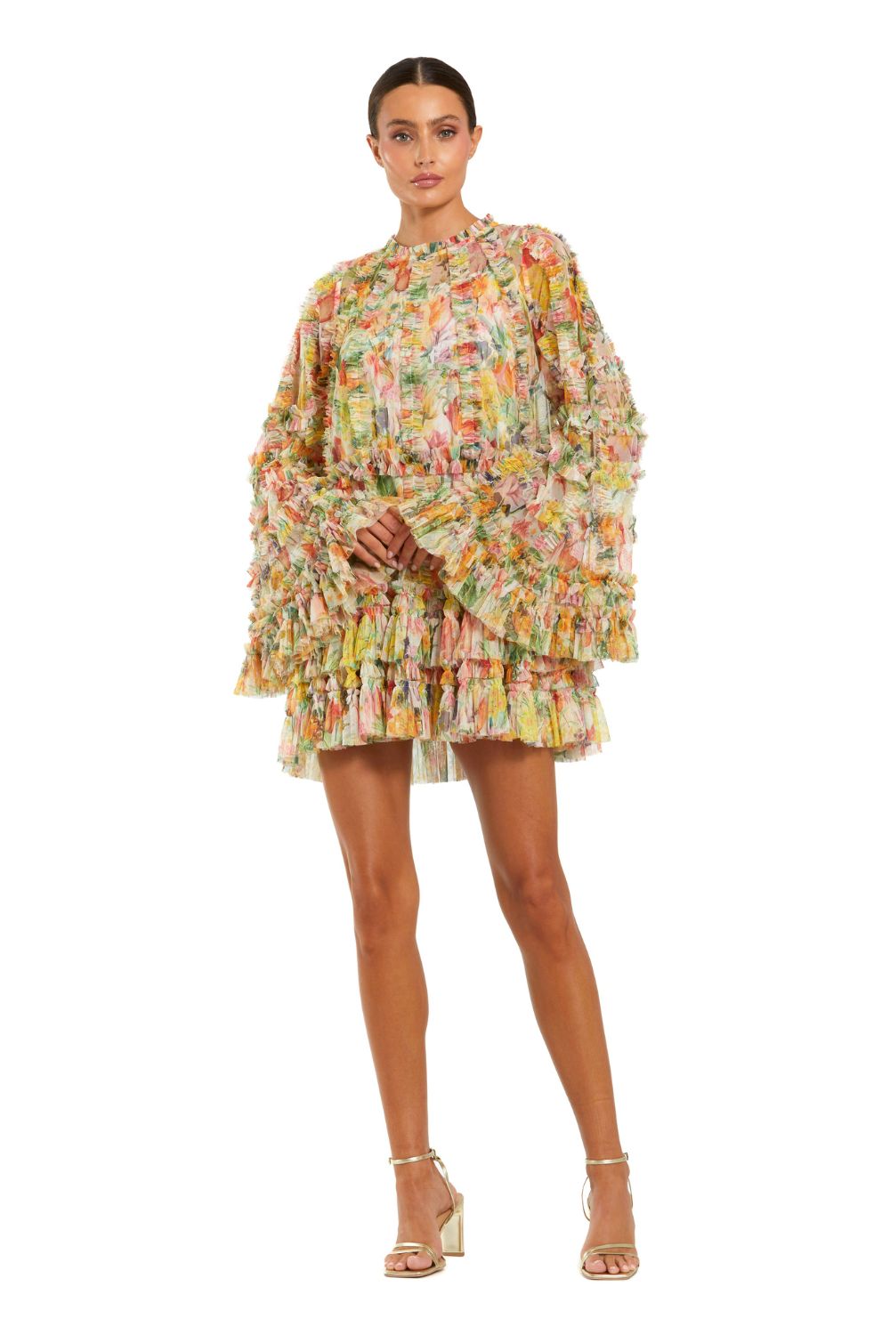 8300-Printed Mesh Ruffle High Neck Mini Dress