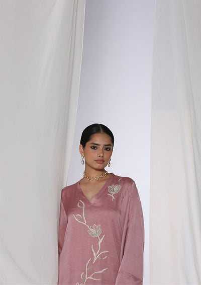 Linen satin kurta with floral handwork embroidery