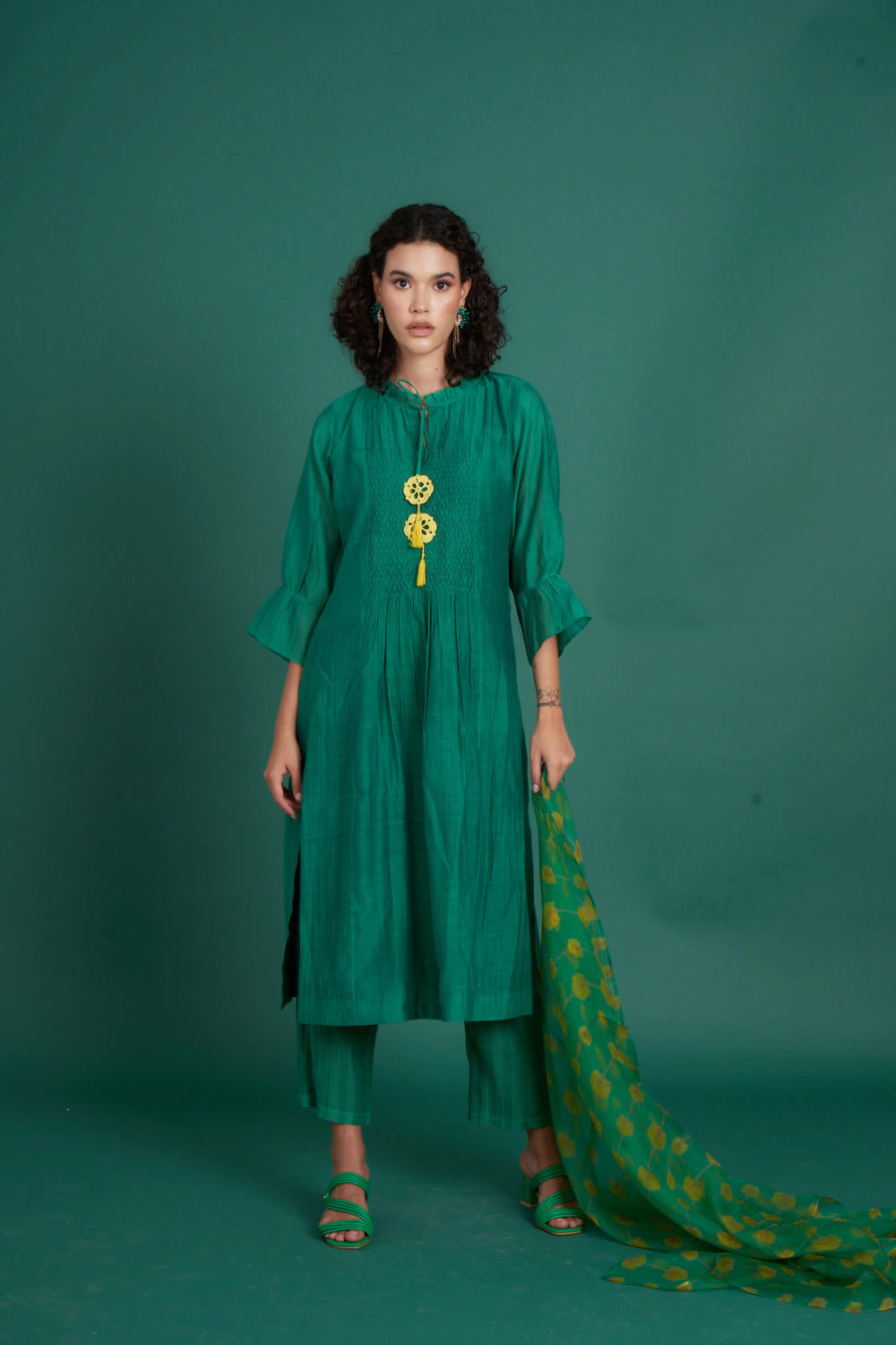 Orina mul cotton silk kurta set - Emerald