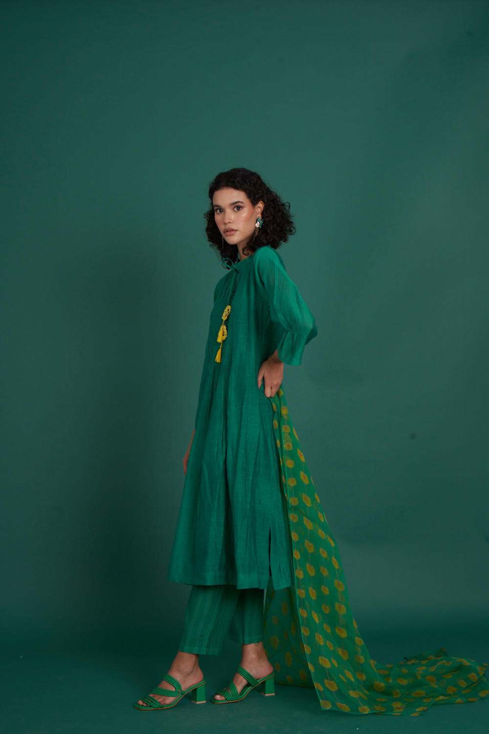 Orina mul cotton silk kurta set - Emerald