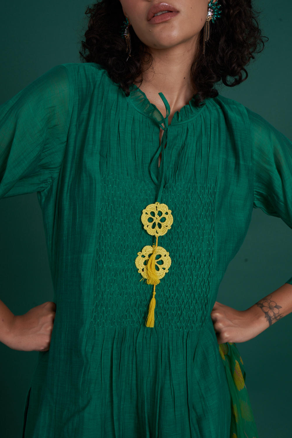 Orina mul cotton silk kurta set - Emerald