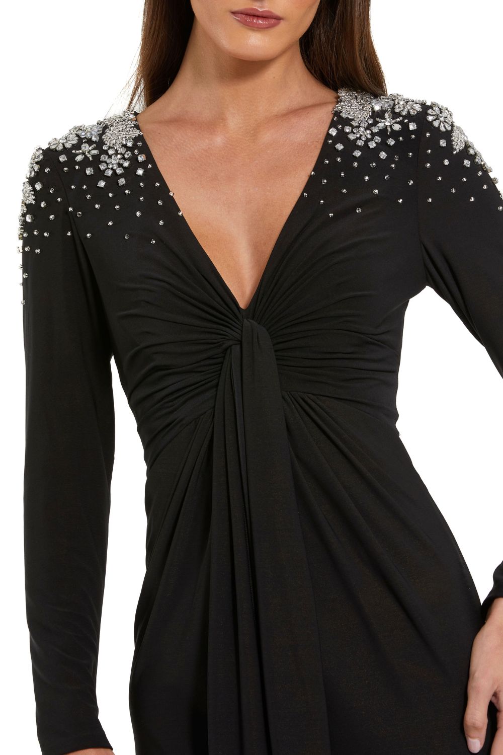 44063-Jersey V Neck Faux Knot Gown With Beaded Shoulders