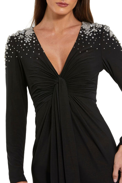 44063-Jersey V Neck Faux Knot Gown With Beaded Shoulders