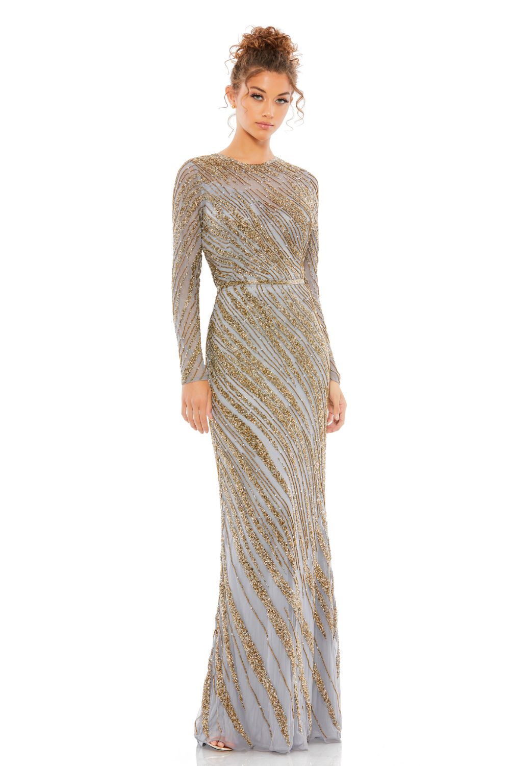 5240-Long Sleeve Beaded Column Gown (platinum)