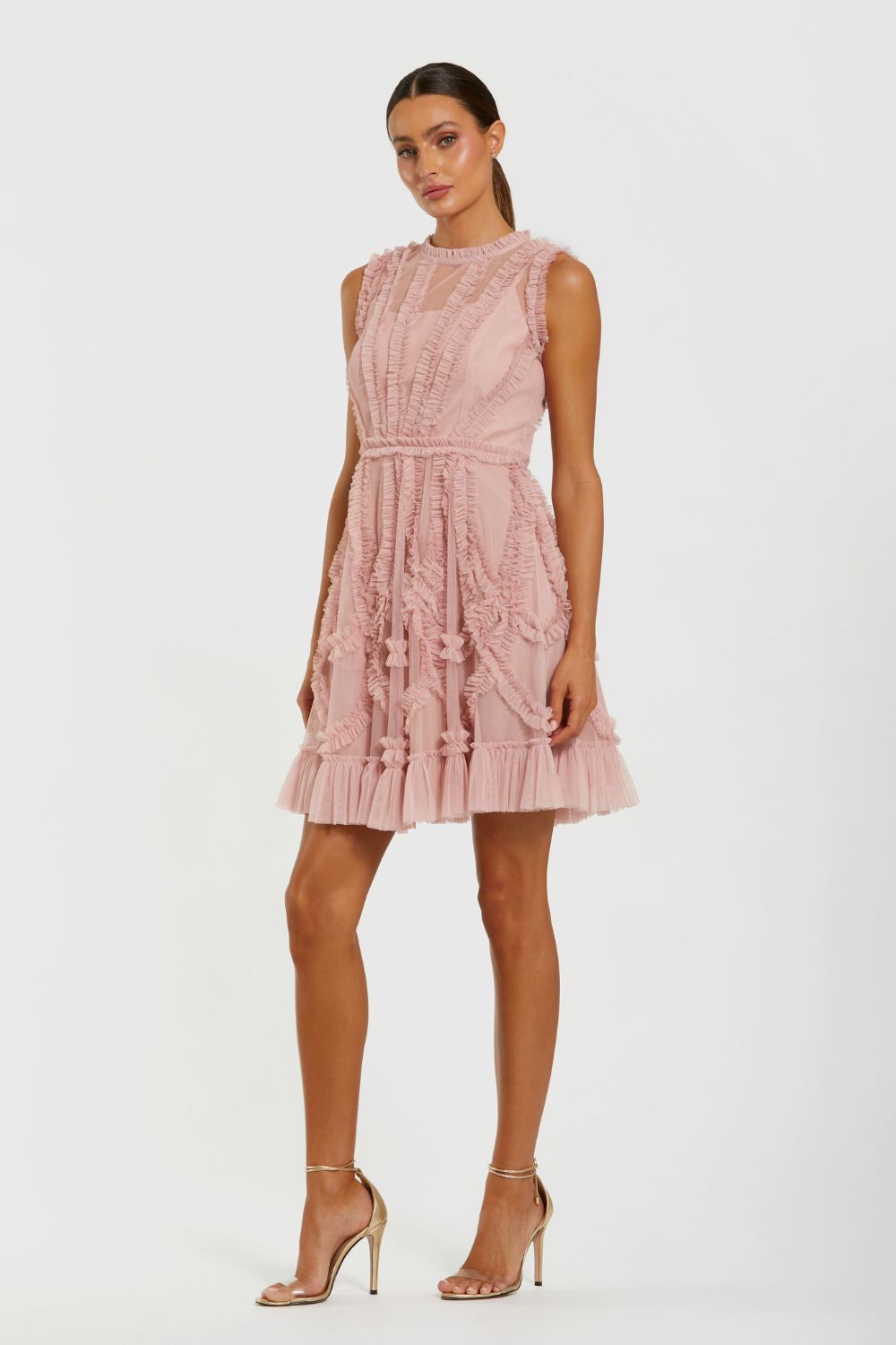 8289-Mesh Micro Ruffle High Neck Mini Dress