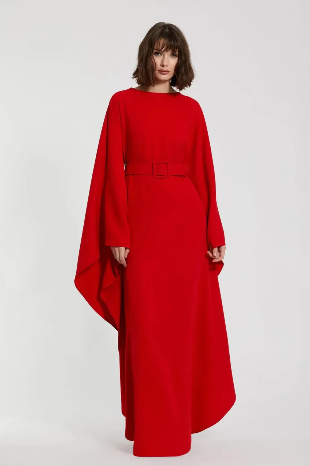 Red Crepe Boat Neck Kaftan Maxi Dress With Belt