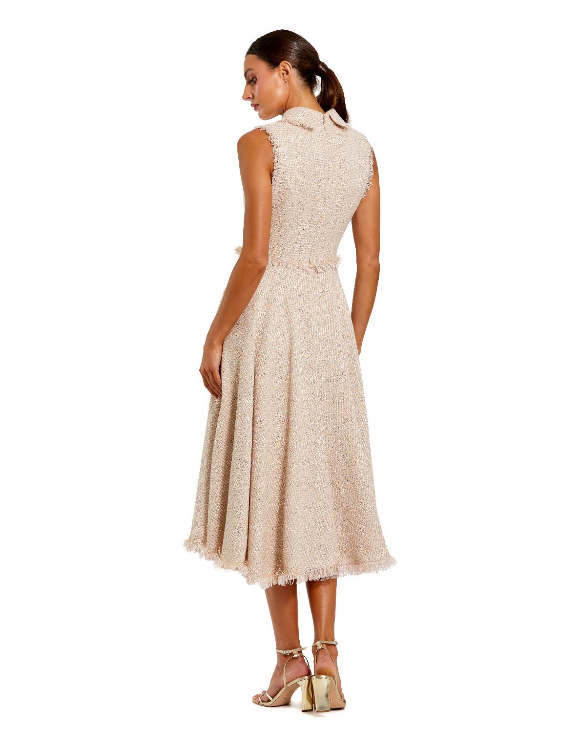 27658-Pink Boucle Sleeveless Collared Button Up Midi Dress