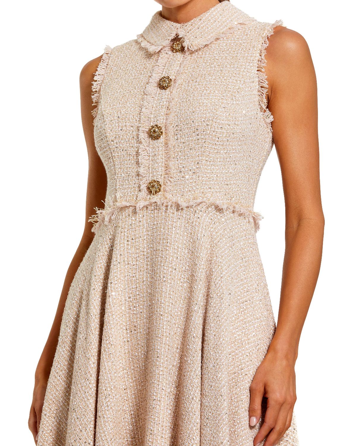 27658-Pink Boucle Sleeveless Collared Button Up Midi Dress