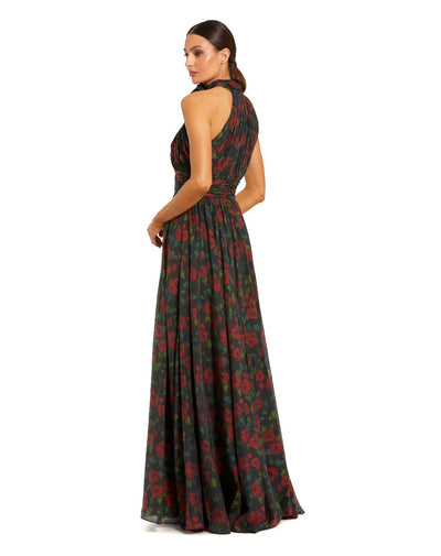 27692-Black Floral Print Halter Neck Gown with Rosette Detail