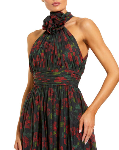 27692-Black Floral Print Halter Neck Gown with Rosette Detail
