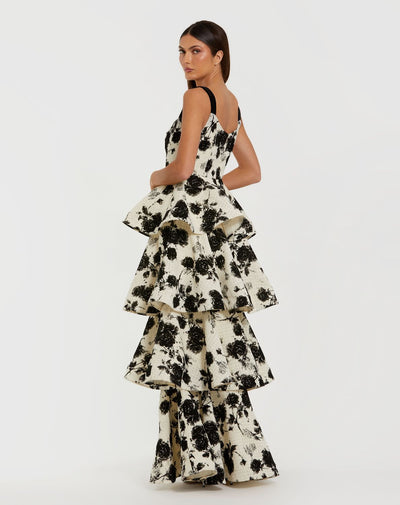 27710-Black and White Floral Boucle Tiered Ruffle Gown
