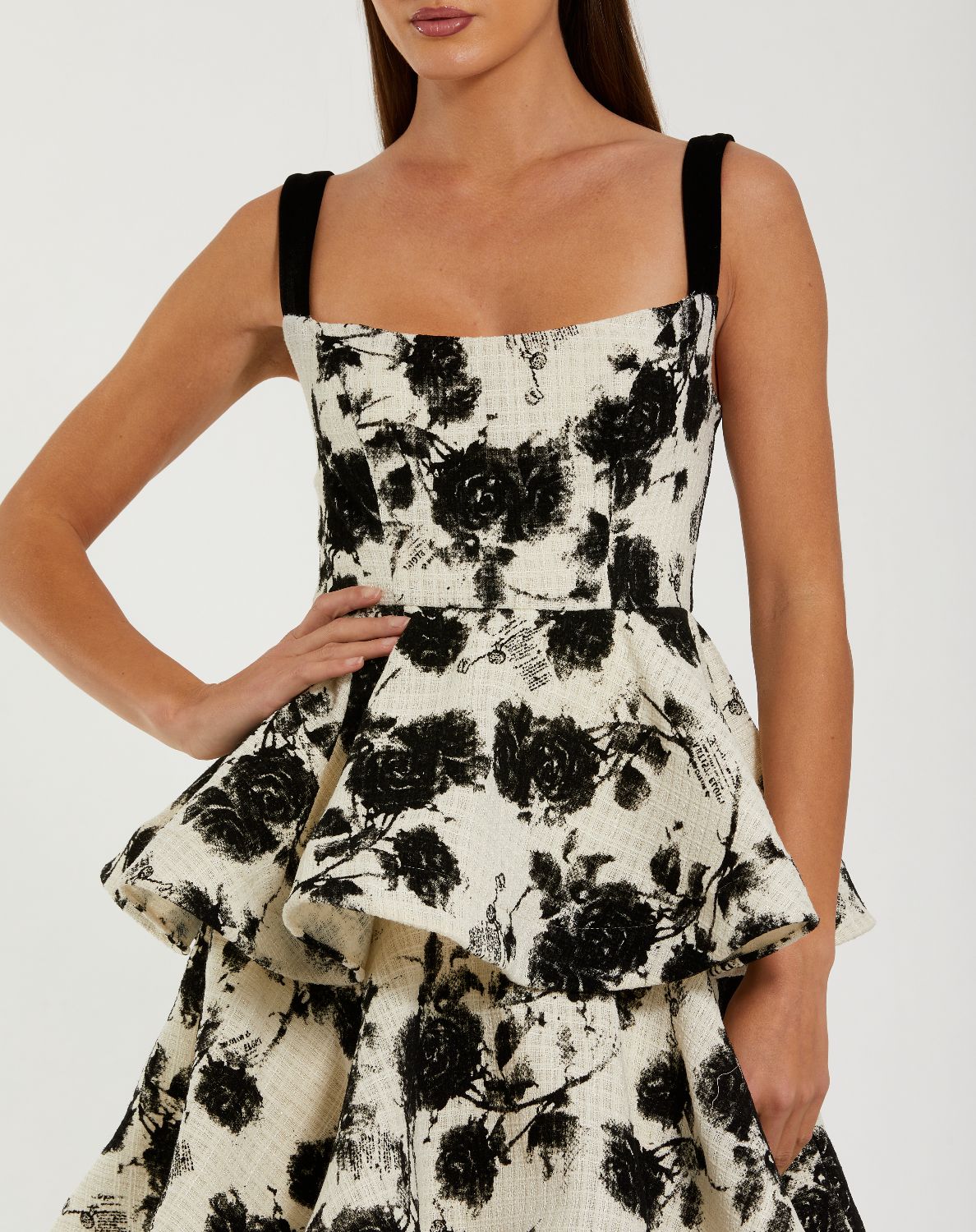 27710-Black and White Floral Boucle Tiered Ruffle Gown