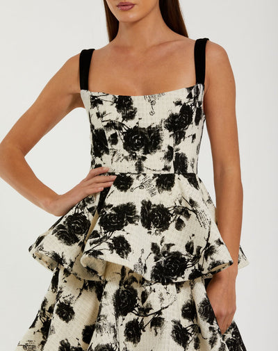 27710-Black and White Floral Boucle Tiered Ruffle Gown