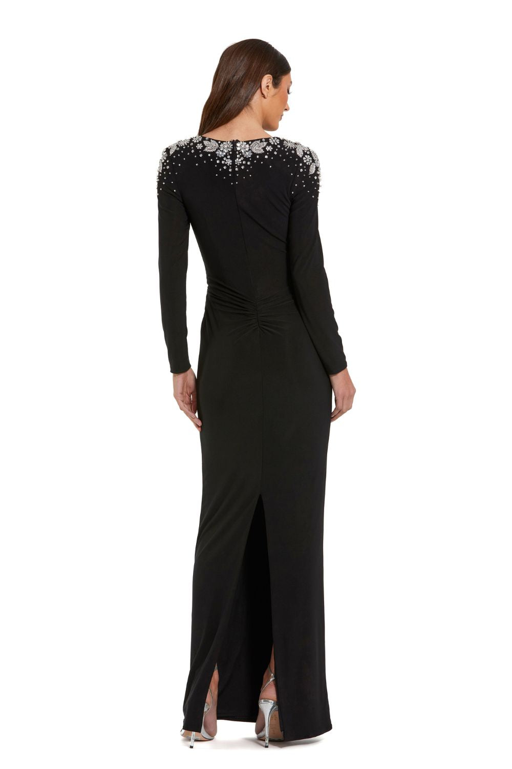 44063-Jersey V Neck Faux Knot Gown With Beaded Shoulders