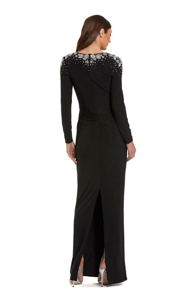 44063-Jersey V Neck Faux Knot Gown With Beaded Shoulders
