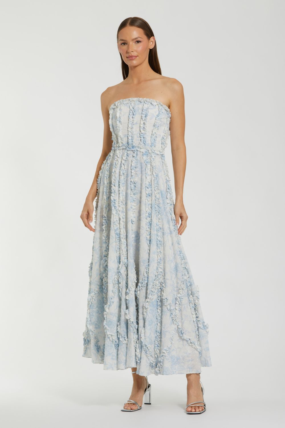 8265-Floral Cotton Ruffle Strapless Gown