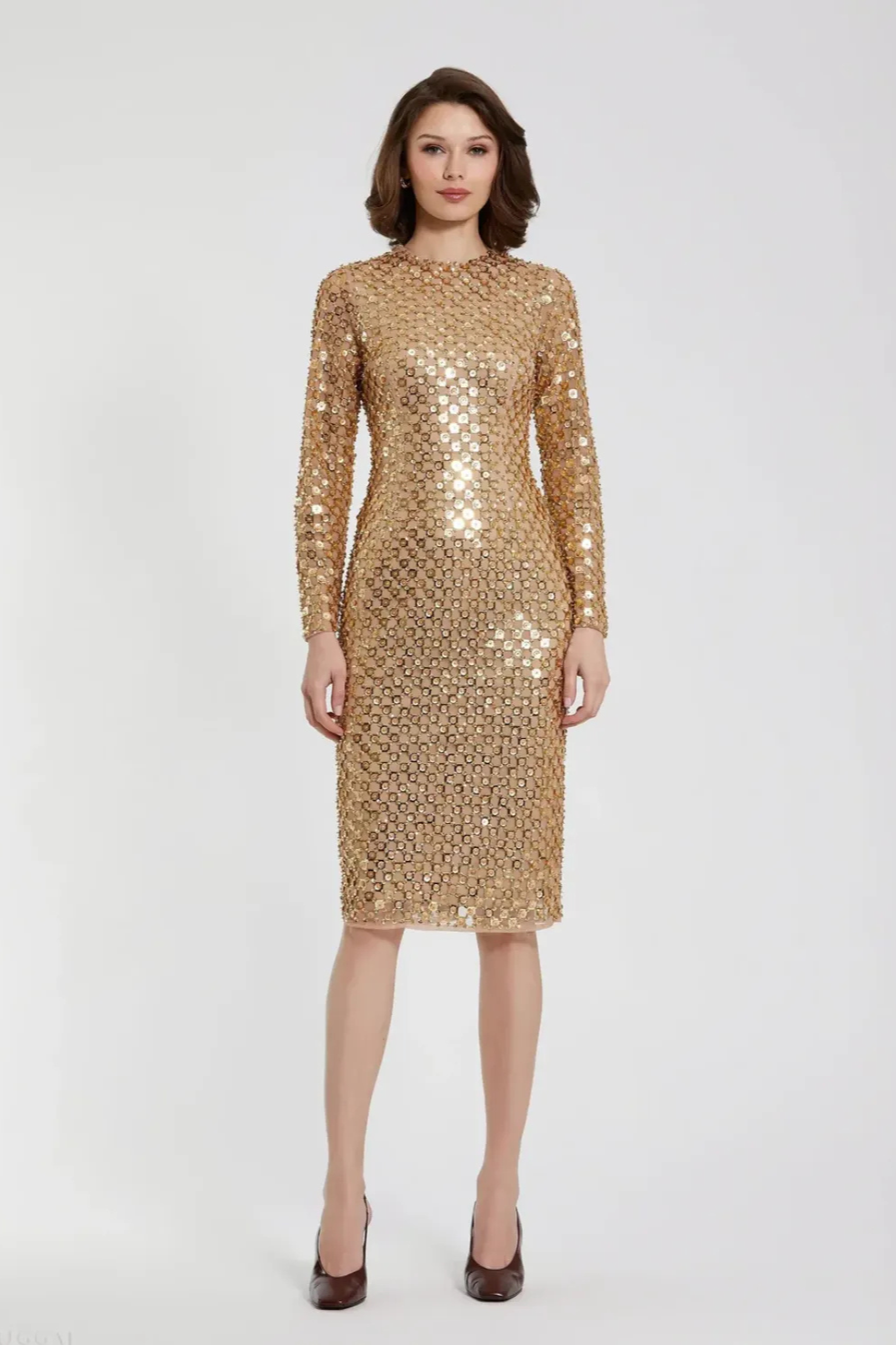 Gold Beaded Georgette Long Sleeve Fitted Midi Dress