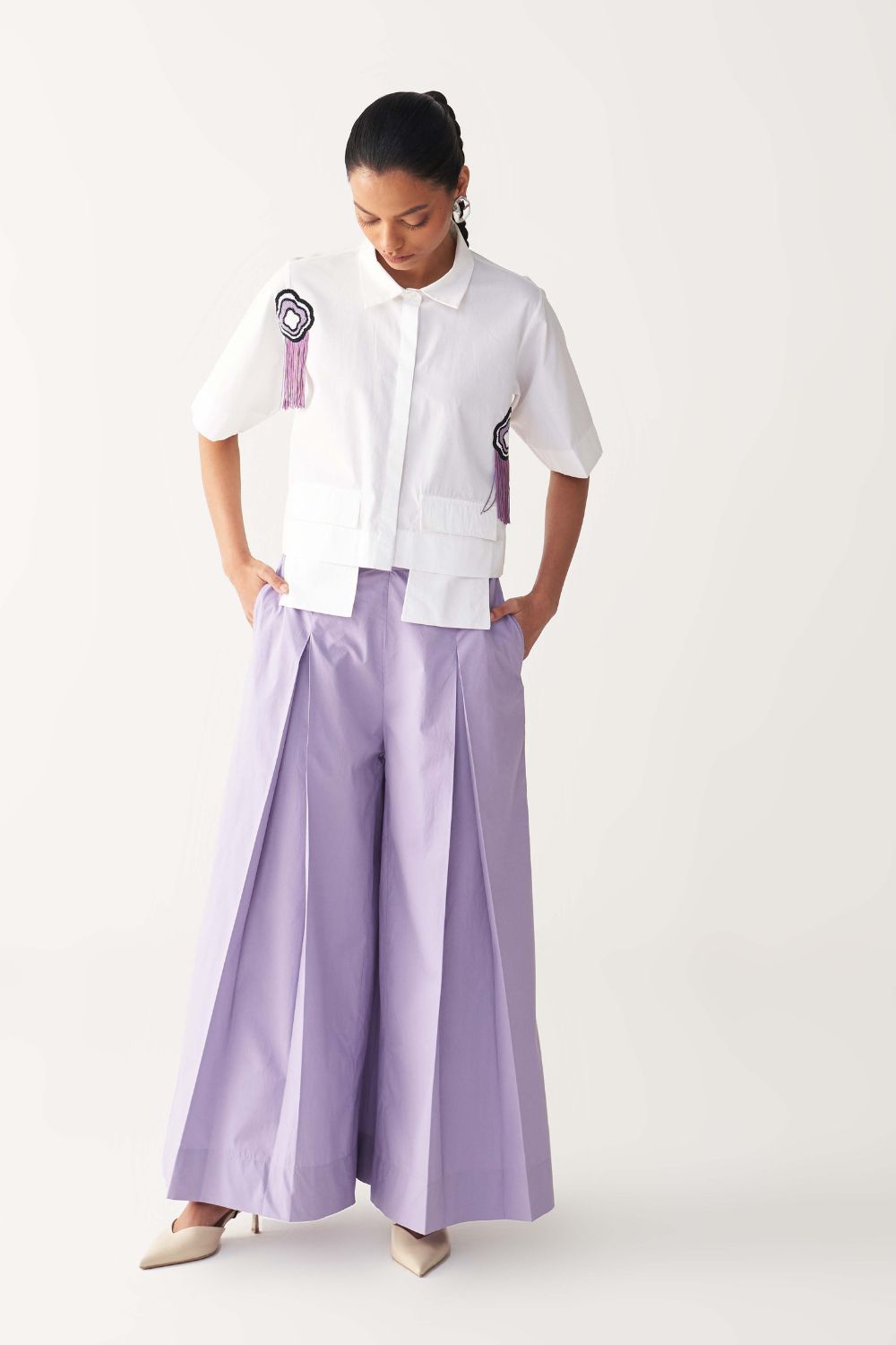 BEADED CROP FRINGE TOP CO-ORD-LAVENDER