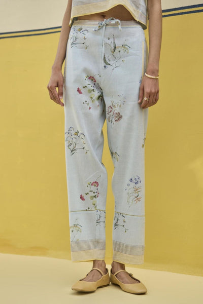 Ema Watercolour Floral Linen Pant - Sky