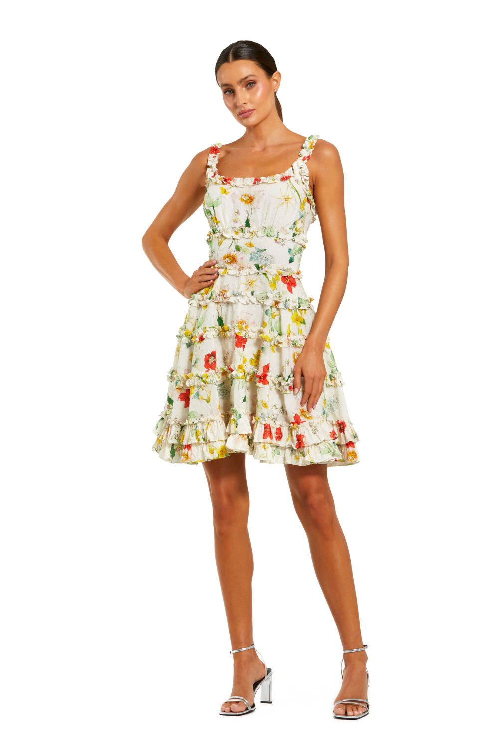 8257-Ruffle Floral Sweetheart Neck Mini Dress