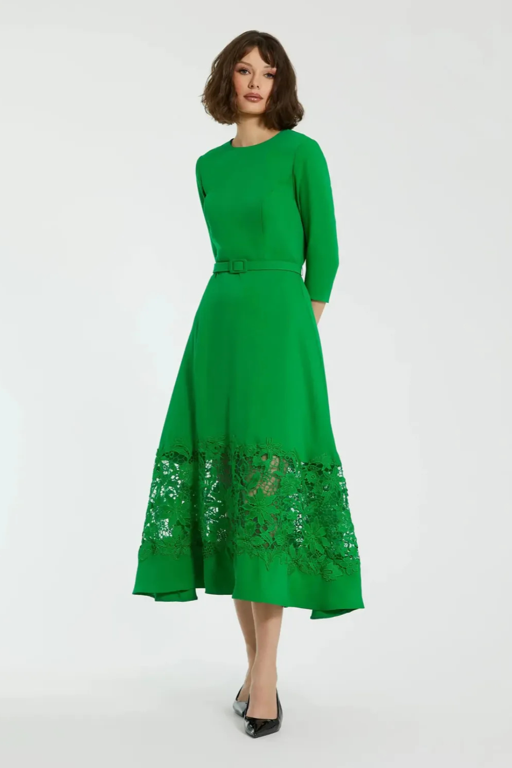 Green Crepe Boat Neck Midi Dress With Applique Cut Out