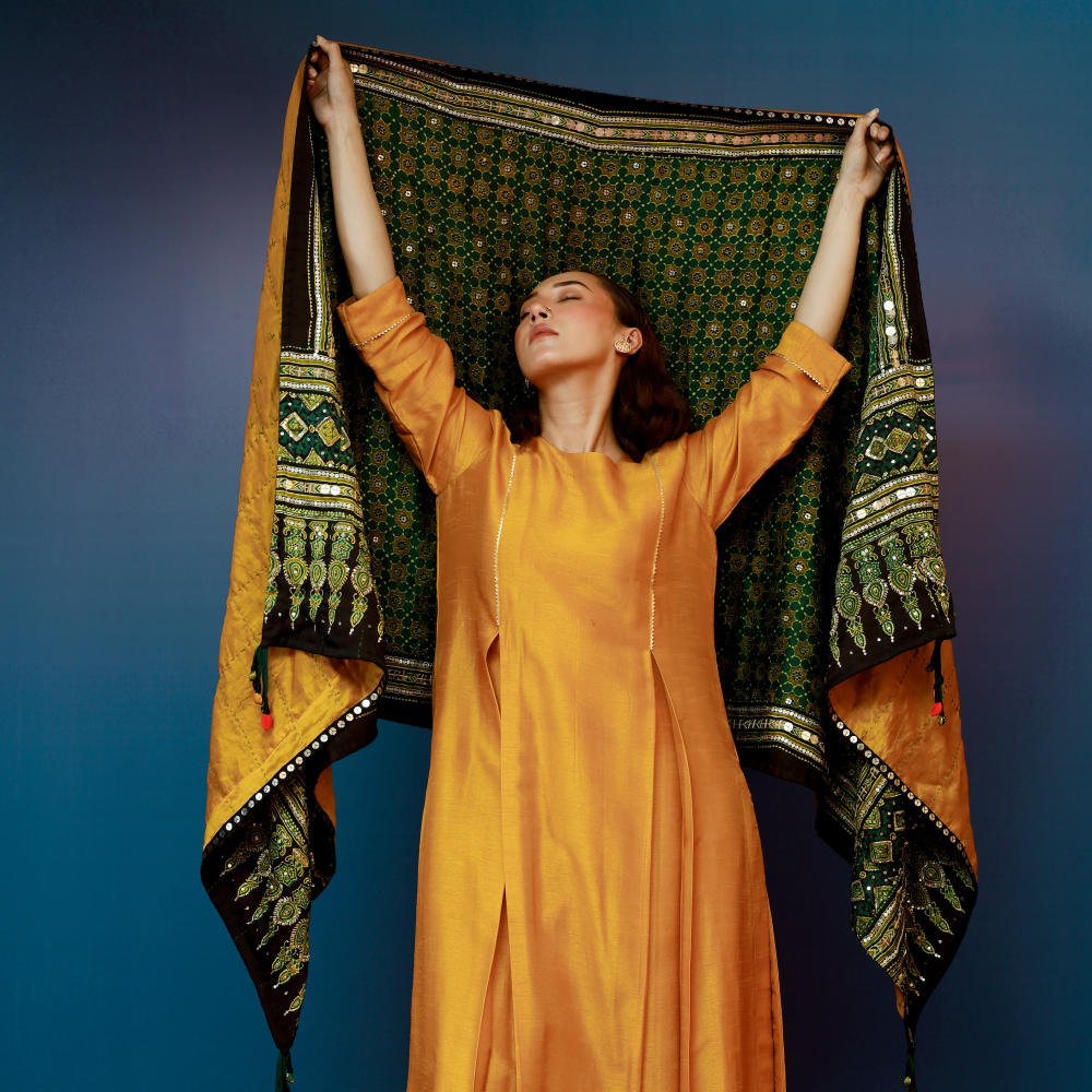 Dushala Green Ajrakh Reversible Wrap