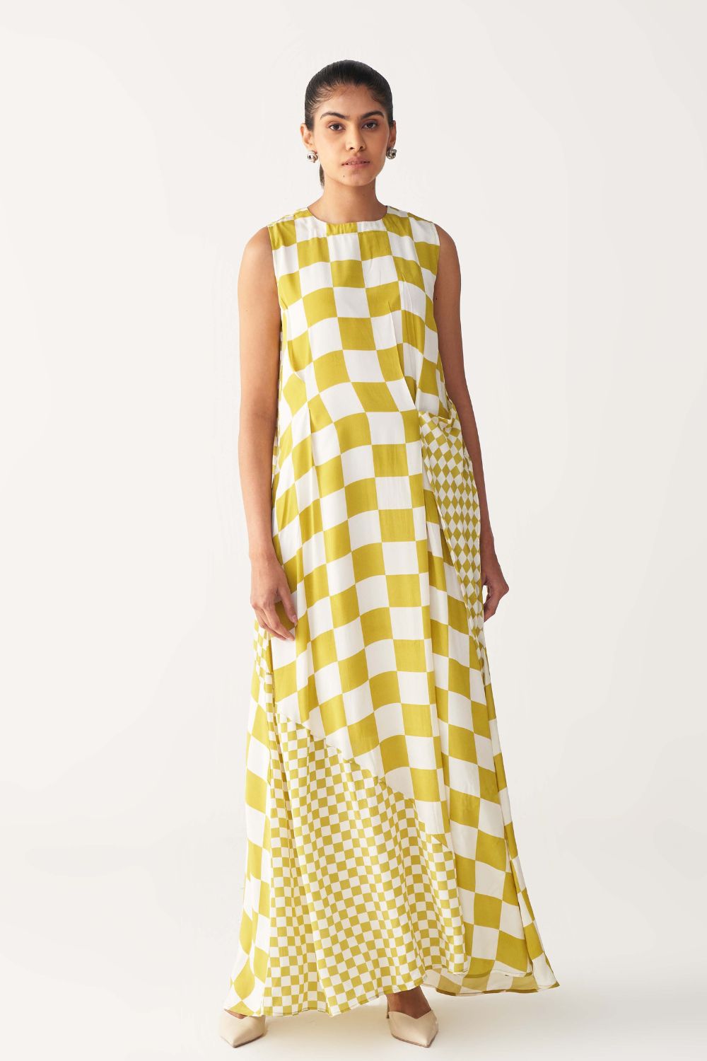 ASYMMETRIC DRESS +
IVORY CHANDERI SLIP-LIME CHECK