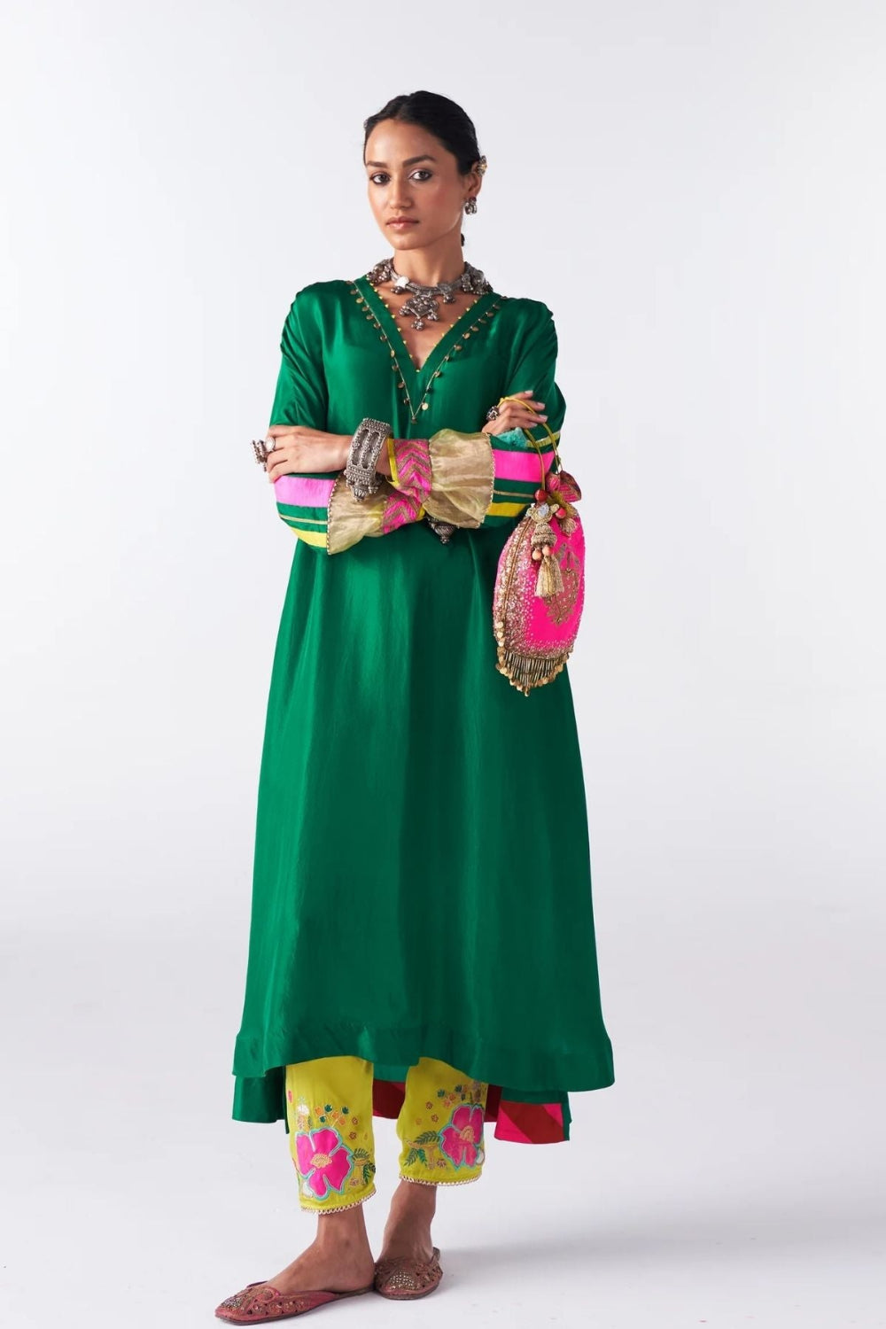 Sakhi Emerald Green Silk Back Stripe Kaftan Kurta Set