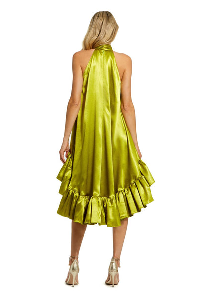 20711-Green High Neck Satin Mini Dress With Keyhole