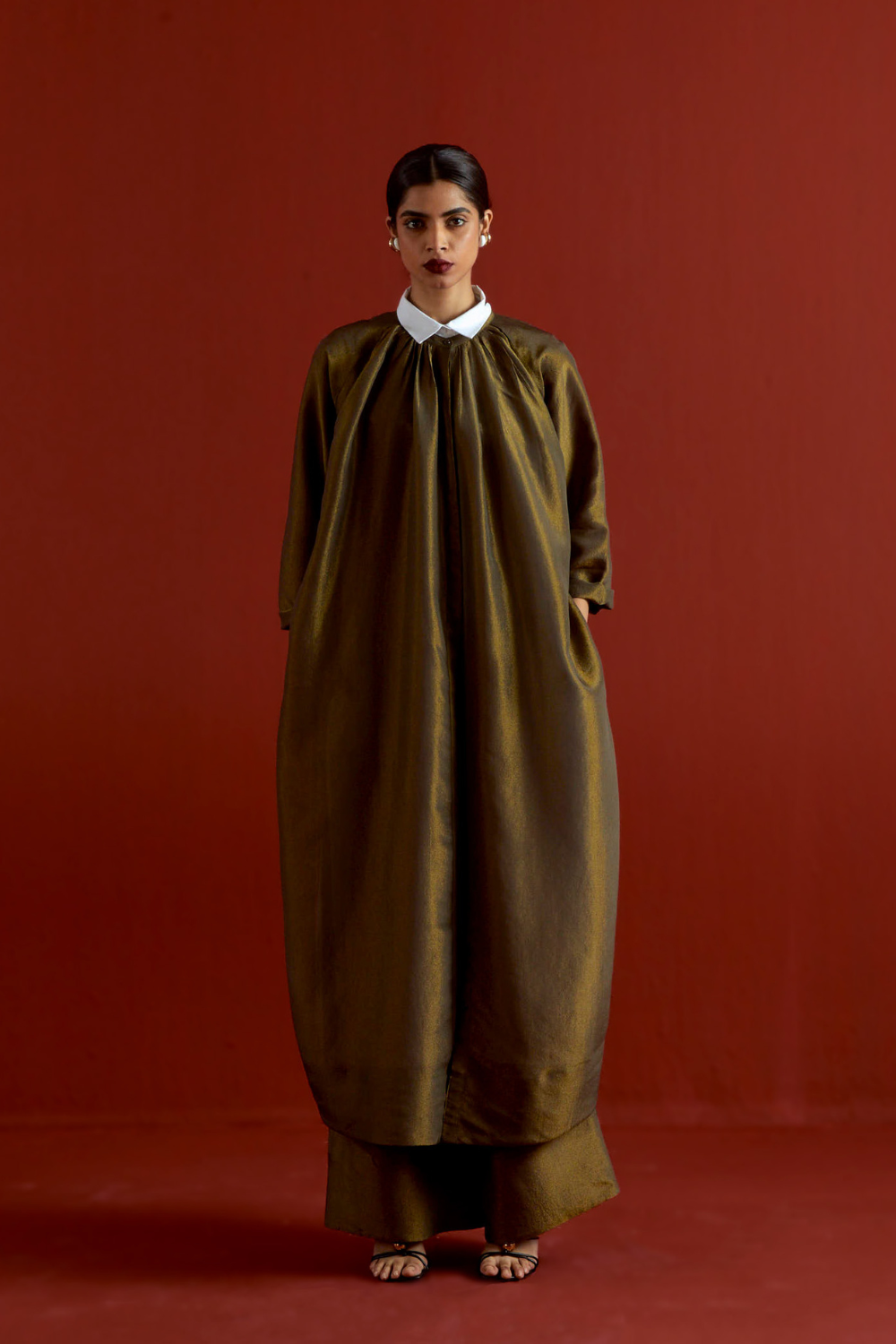 GATHER NECK SHIRT  CO-ORD-OLIVE GOLD