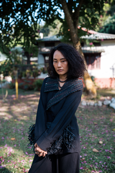 Upcycled Handwoven Arrow collar shirt - Black Green