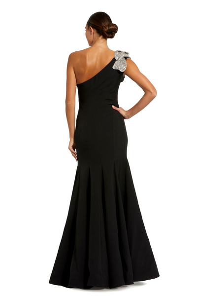 11810-One Shoulder Gown with Crystal Flower-Black